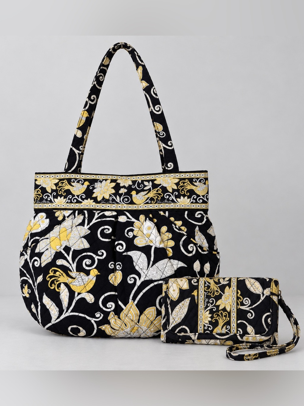 Vera Bradley Yellow Bird Morgan Pleated Bucket Purse & Wallet Retired Quilted